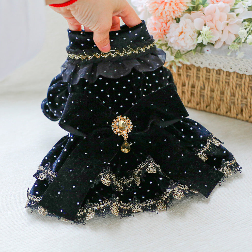 Pet Clothes Spring Autumn Small Dog Puppy Dark Black Festival Party Atmosphere Black Gold Dress Skirt