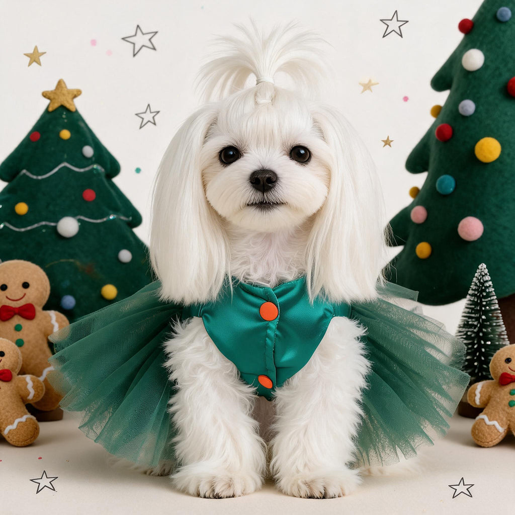Green Satin Candy Cane Christmas Pet Tutu Dress for Maltese Star Tulle Holiday Formal DressCustomizable