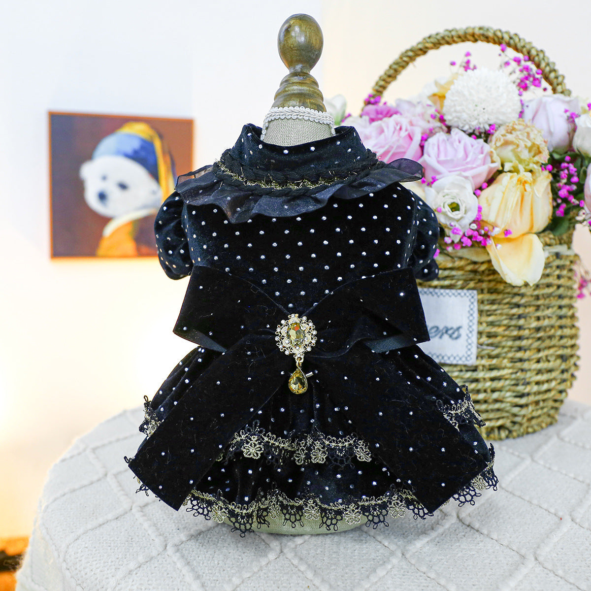 Pet Clothes Spring Autumn Small Dog Puppy Dark Black Festival Party Atmosphere Black Gold Dress Skirt