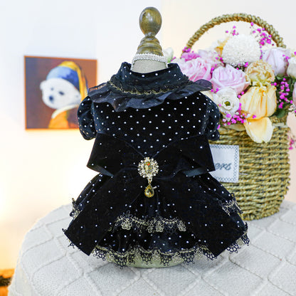 Pet Clothes Spring Autumn Small Dog Puppy Dark Black Festival Party Atmosphere Black Gold Dress Skirt