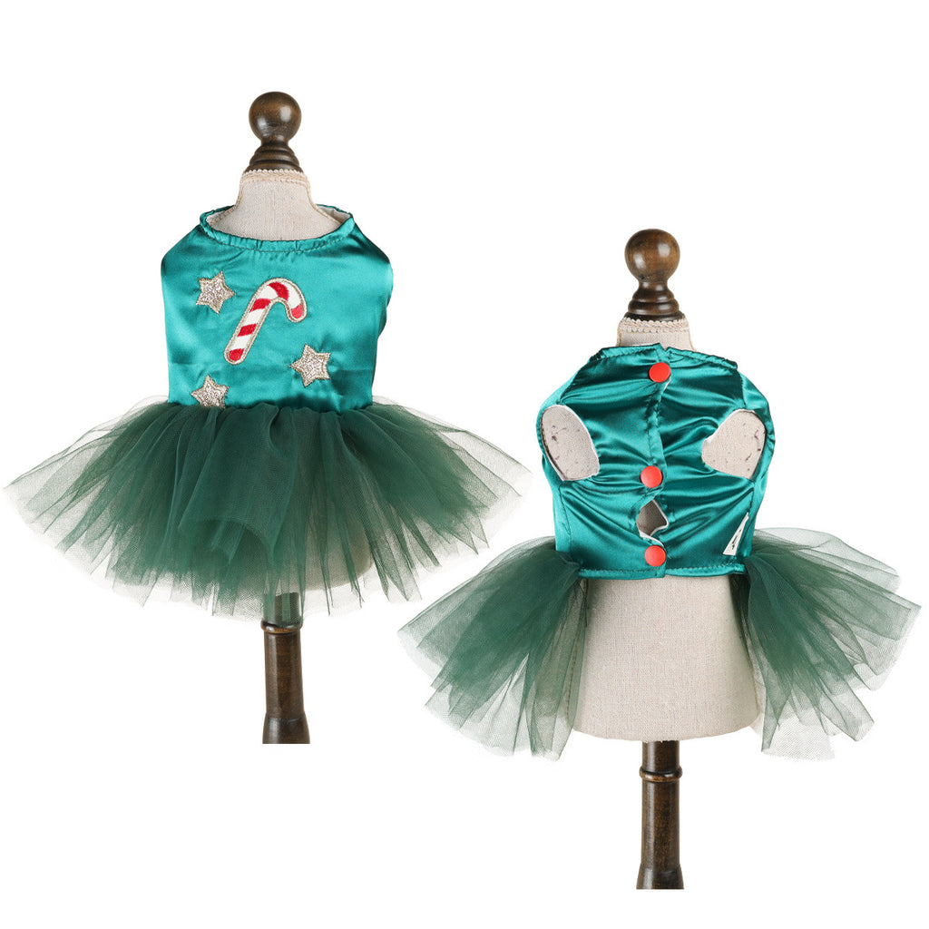 Green Satin Candy Cane Christmas Pet Tutu Dress for Maltese Star Tulle Holiday Formal DressCustomizable