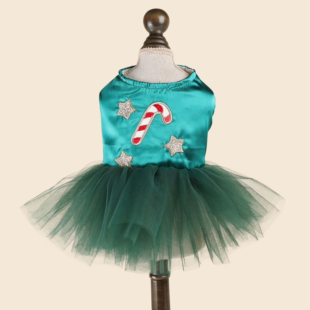 Green Satin Candy Cane Christmas Pet Tutu Dress for Maltese Star Tulle Holiday Formal DressCustomizable