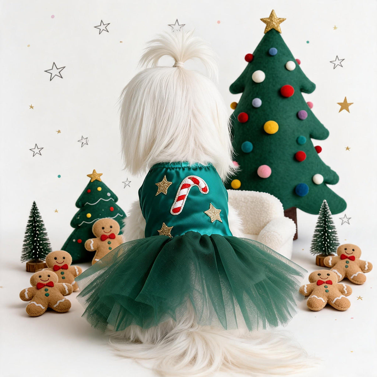 Green Satin Candy Cane Christmas Pet Tutu Dress for Maltese Star Tulle Holiday Formal DressCustomizable