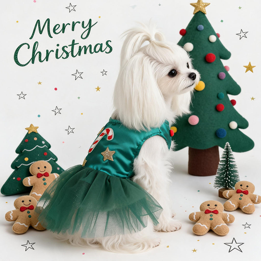 Green Satin Candy Cane Christmas Pet Tutu Dress for Maltese Star Tulle Holiday Formal DressCustomizable