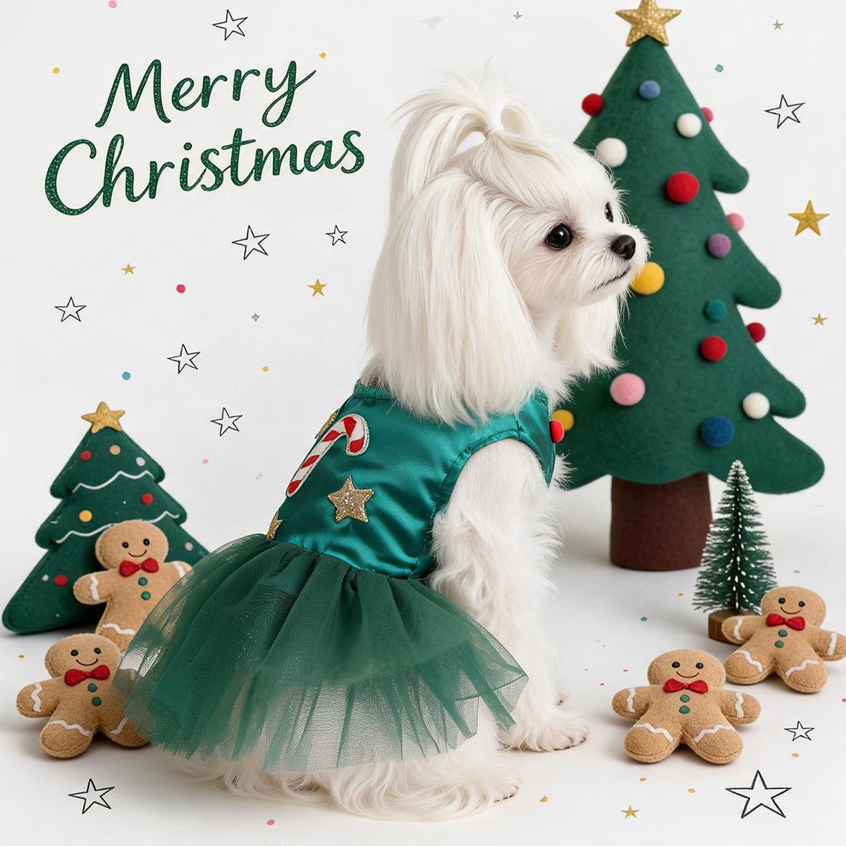 Green Satin Candy Cane Christmas Pet Tutu Dress for Maltese Star Tulle Holiday Formal DressCustomizable