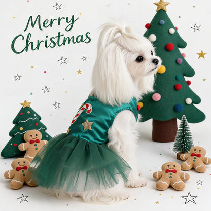 Green Satin Candy Cane Christmas Pet Tutu Dress for Maltese Star Tulle Holiday Formal DressCustomizable
